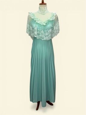 Minty Green 70’s Victorian Revival Lace and Pleated Maxi